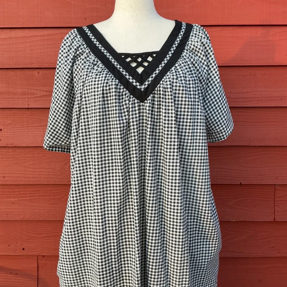Vintage Womens Gingham Dress 3X Black White Lattice Prairie Southwestern Muumuu